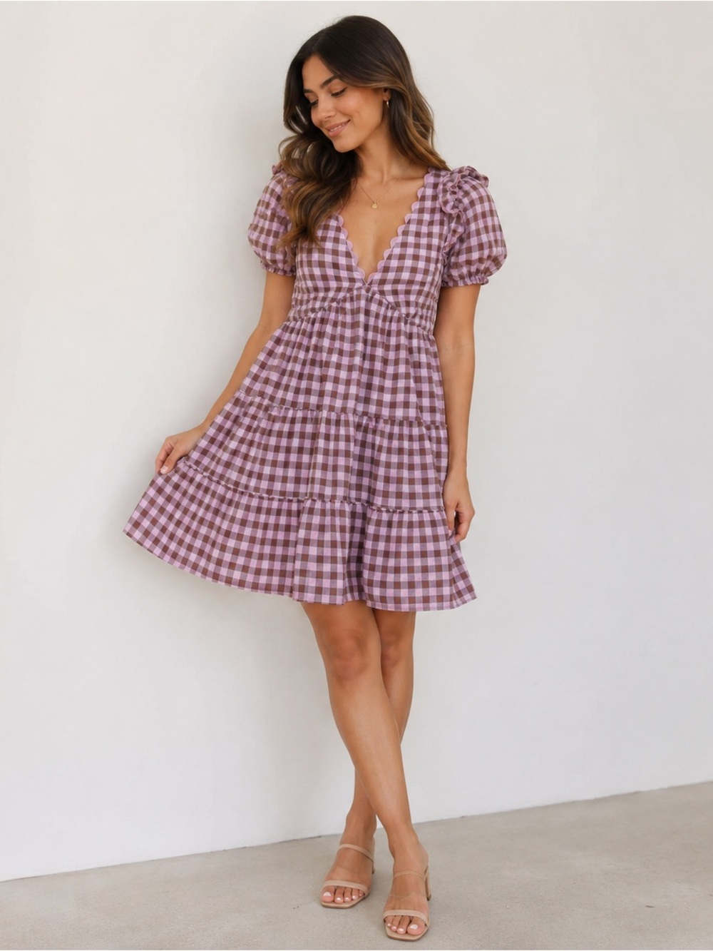 English Factory Lavender Pink Gingham Tiered V-Neck Mini Dress